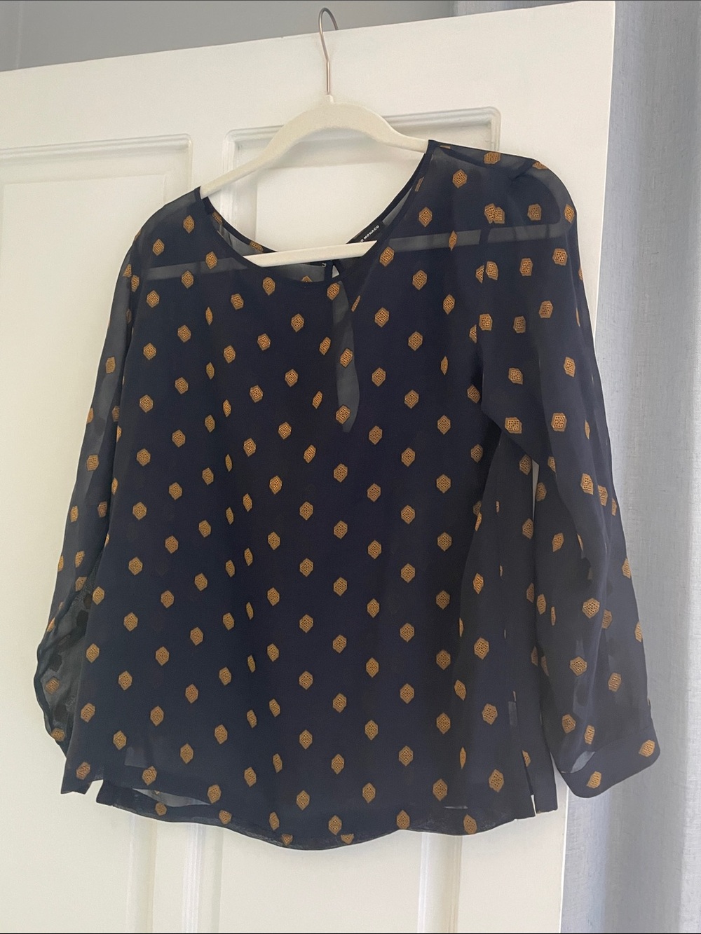 Club Monaco Navy Blouse with Gold Dot Print small